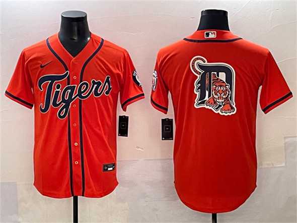 Mens Detroit Tigers Team Big Logo Orange With Patch Cool Base Stitched Jersey